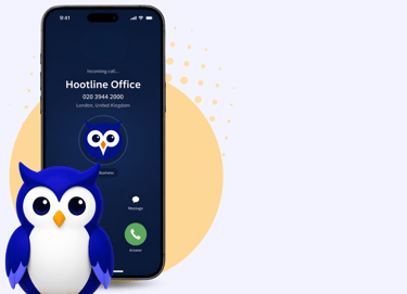 Hootline phone app screen with owl mascot beside frequently asked questions