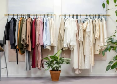 Percha con varis prendas de ropa de mujer, colores blancos y pastel.