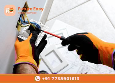 Technician repairing an electrical switchboard with Future Easy branding and contact number.