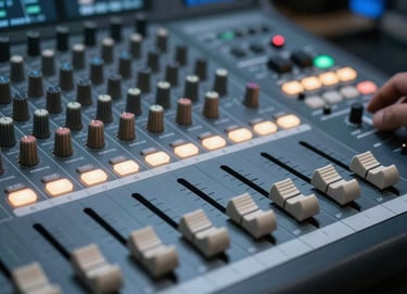 Detail shot of a professional audio mixing console with illuminated buttons and faders in soft slate blue and off-white light. The setting is a high-end Spanish post-production suite, emphasizing technical precision and artistic quality.