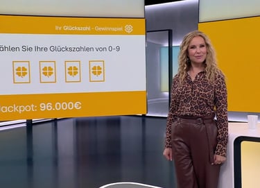 Foto vom RTL Television über das Punkt 12 Gewinnspiel, eine Zuschauerin spielt das Glückszahlenspiel