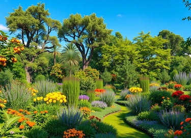 An enchanting food forest design featuring a diverse array of fruit-bearing trees, berry bushes, and