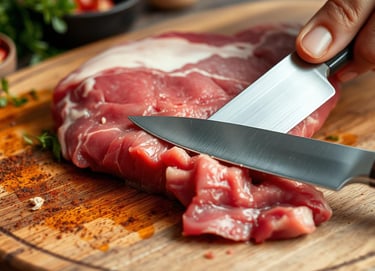 a sharp knife in hand, trimming excess fat from raw meat 
