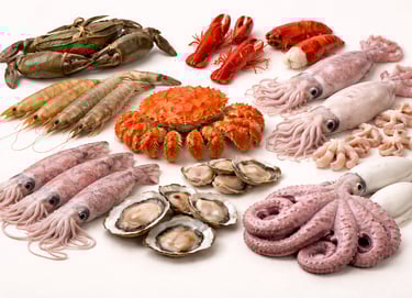 Mixed shellfish and cephalopods selection including crab, squid, octopus, shrimp, and oysters