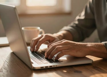 A candid shot of a developer's hands typing on a laptop with a warm cup of coffee nearby, bathed in golden hour sunlight. Subtle touches of #8C5845 and #3A3B3C in the composition.