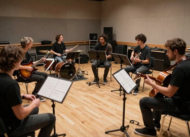 An action shot of a musical collaboration in a sleek, professional International / English-speaking rehearsal space. Multiple artists are visible with instruments, captured in a moment of creative energy with funky, warm lighting.