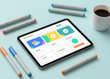 A creative workspace featuring a tablet showing a colorful graphic design portfolio, surrounded by art markers and a coffee mug. The scene is bright and artistic, prominently using #7A9E9F and #F8F6F4.