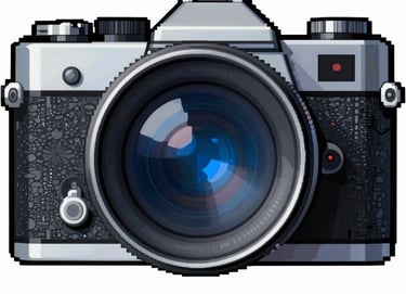 Graphic comic book panel showing a 1960s camera lens. Bold black #1A1A1A strokes, vibrant primary blue #0050B3 reflections in the glass, and a red #D4202B record light indicator. Style is flat, minimalist, and cinematic.