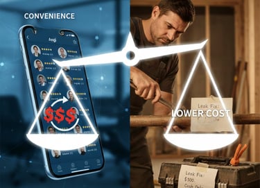 Infographic comparing Angi platform convenience versus independent contractor cost savings for rental property repairs.