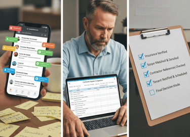 Professional landlord workflow showing the transition from Thumbtack leads to organized repair coordination.