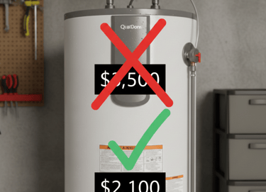 A photo of a water heater with a red "X" over a $3,500 price tag and a green "Check" over $2,100.