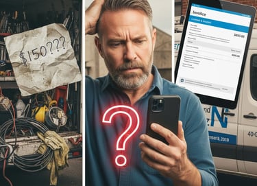 Landlord confused by widely different repair quotes on phone screen, showing a low estimate vs a high professional bid.
