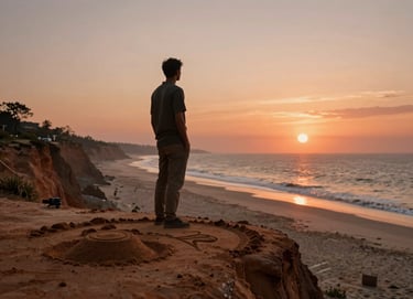 A medium shot of a sand artist standing on a cliff edge overlooking a beach at sunset. The atmosphere is contemplative and cinematic, bathed in warm Terracotta light, with the artist's silhouette looking out over a Soft Sand coast.