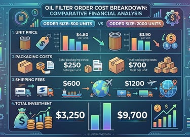 Detailed cost breakdown comparing 500-unit versus 2000-unit oil filter orders showing price differences