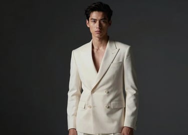 A sophisticated editorial fashion portrait. The male model wears a soft off-white tailored suit against a deep charcoal black minimalist studio backdrop, with soft cinematic lighting.