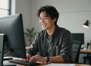 Photography of a happy business owner in a North American / US creative workspace, looking at a screen with a satisfied expression. Lighting is warm and natural. Palette involves cool grey and deep black colors.