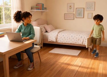 A young girl uses a laptop at a desk while a small boy enters the sunny bedroom.