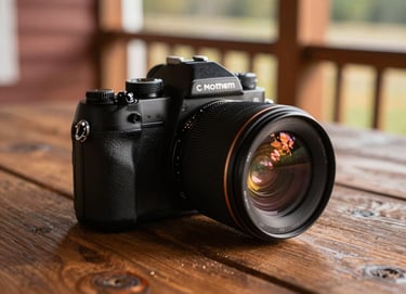 A close-up, cinematic shot of a camera resting on a rustic wooden table on a North American / US porch. Warm sunbeams create a terracotta-tinted glow on the lens. Authentic and tangible textures.