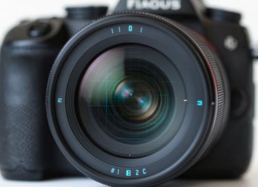 A close-up of a high-tech camera lens reflecting a digital grid. The colors are predominantly #1A202C with glowing cyan accents in #E0FBFC. Symbolizes the intersection of technology and photography.