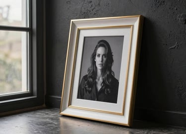 A luxurious custom photo frame made of white and gold materials, leaning against a dark, textured wall in a modern North American / US home. Soft, cinematic morning light enters from a window, creating a refined and emotional atmosphere.