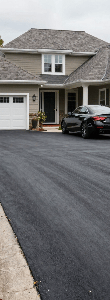 A close-up of a fresh asphalt driveway being laid under bright daylight.