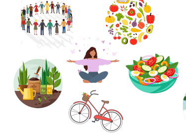 a woman is sitting on a bicycle and holding a basket full of food