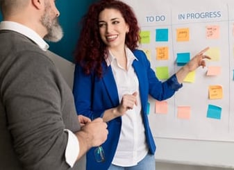 a man and woman standing in front of a white board with sticky notes on it