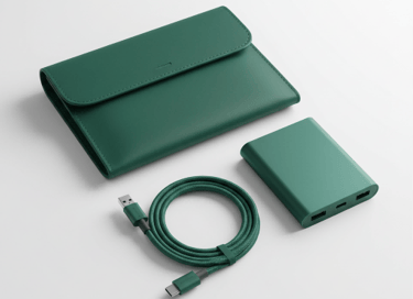 King Fly Tech Essentials: Green Privacy Shield Bag and Matte Power Bank.