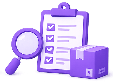 Purple magnifying glass, checklist, and parcel illustration for MuleBuy Finds page