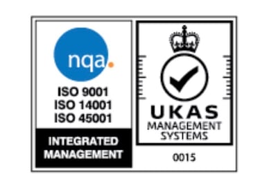 NQA certification logos for ISO 9001, ISO 14001, and ISO 45001 with UKAS management systems accreditation.