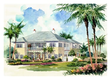 Hand painted watercolor of architect's design for a high end house in South Florida.