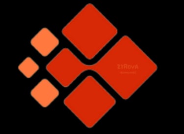 ZyRova Technologies logo featuring red and orange geometric diamond shapes on a black background.