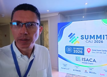 A man in glasses stands before an ISACA Summit Cali 2026 digital conference banner.