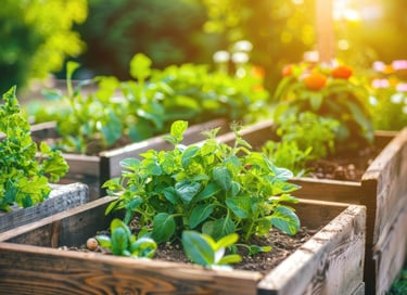 a row of wooden crates with plants growing in them