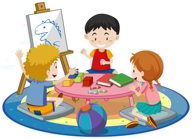 a group of children playing with a drawing on a table bluefish preschool balewadi
