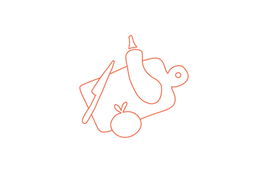 Dessin d'une planche à découper avec des légumes et un couteau