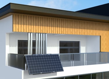 Versatile residential solar mounting system installed on a balcony, compatible with all inverters and panels, featuring adjus