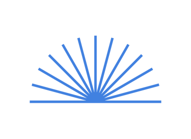 Minimalist blue sunburst icon with radiating lines on a black background representing a sunrise logo.
