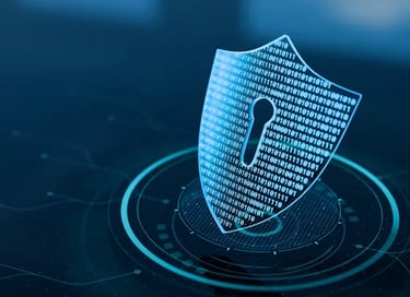 Digital cybersecurity shield with binary code representing secure data protection and network privacy.