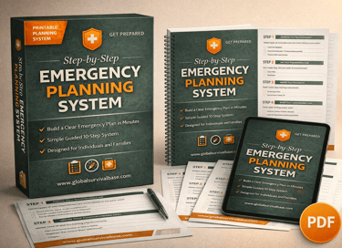 A printable Step-by-Step Emergency Planning System including a workbook, box set, and digital tablet PDF.
