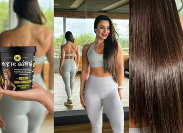 Modelo Suelen de cabelo brilhante segurando a máscara de hidratação Morte Súbita da Lola Cosmetics