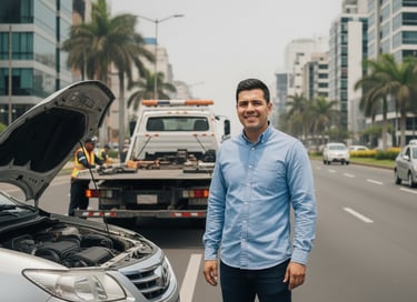 un hombre relajado porque la grua llego a recoger su auto y lo salvo de su problema