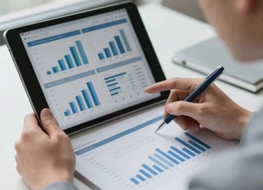 Hands analyzing physical ledgers alongside a modern tablet showing structured financial charts, natural window light, shallow depth of field