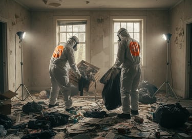 two men in protective gear cleaning a contaminated room with a lot of debris