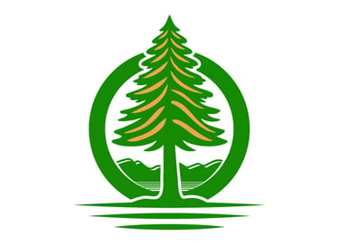 Green pine tree logo with mountain scenery inside a circular frame.