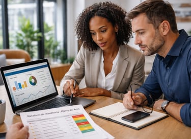 Consultora e equipe de gestão em reunião de suporte estratégico para acompanhar etapas e corrigir ro