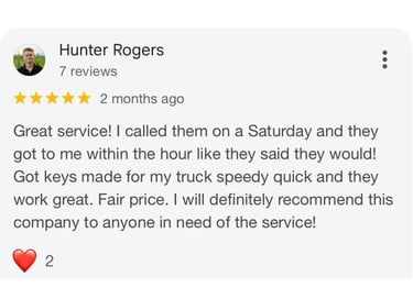 Screenshot of a five-star Google Review about fast and affordable car key replacement locksmith service