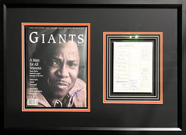 Framed Dusty Baker San Francisco Giants magazine cover and hand-written baseball lineup card memorabilia.