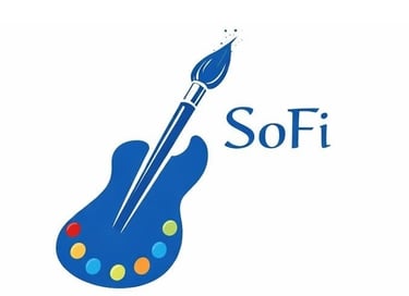 logo de SoFi : une guitare bleue dont le manche est un pinceau