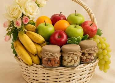 Gourmet gift basket with fresh fruit, nuts in glass jars, and white roses.
